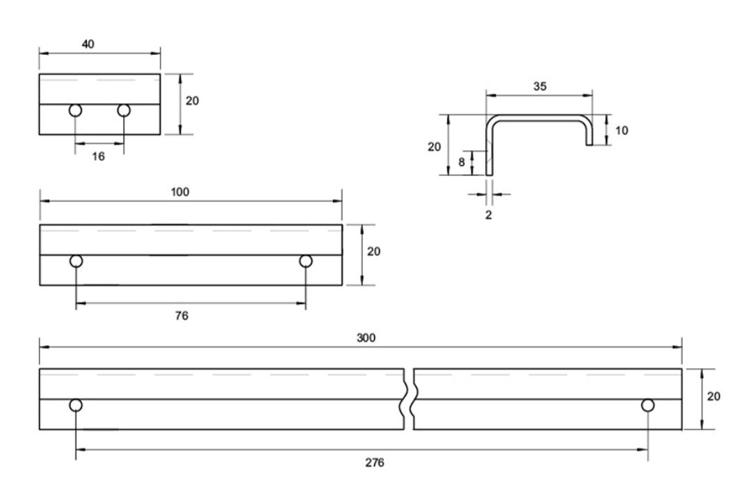 Architectural line drawing with measurements of the Kethy Modena Edge Pull DL2132.