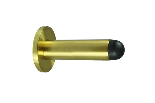 Product image of the Satin Brass Pencil Door Stop 80mm on a white background.