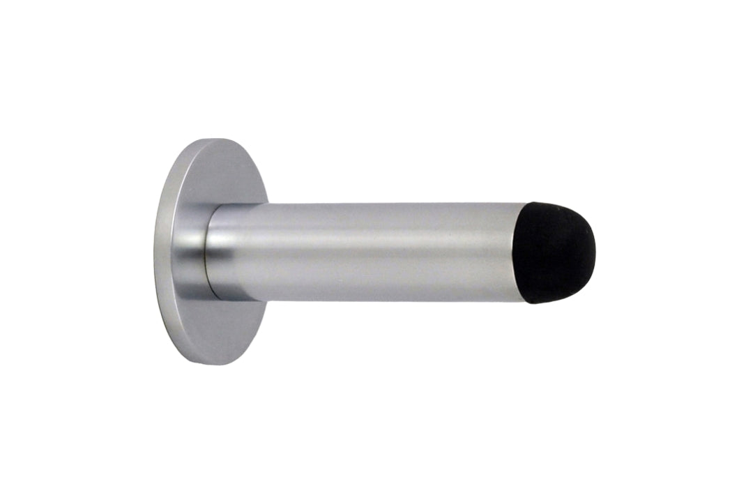 Product image of the Satin Chrome Pencil Door Stop 80mm on a white background.