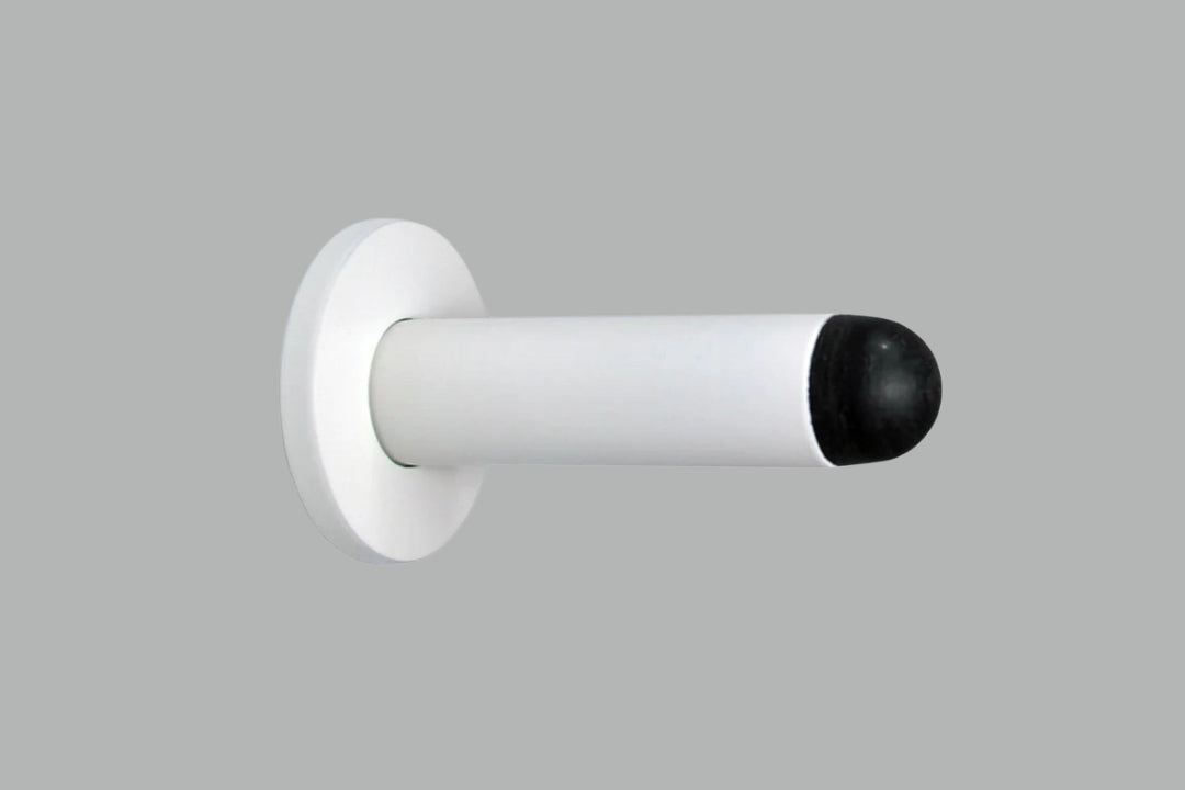 Product image of the White Pencil Door Stop 80mm on a white background.