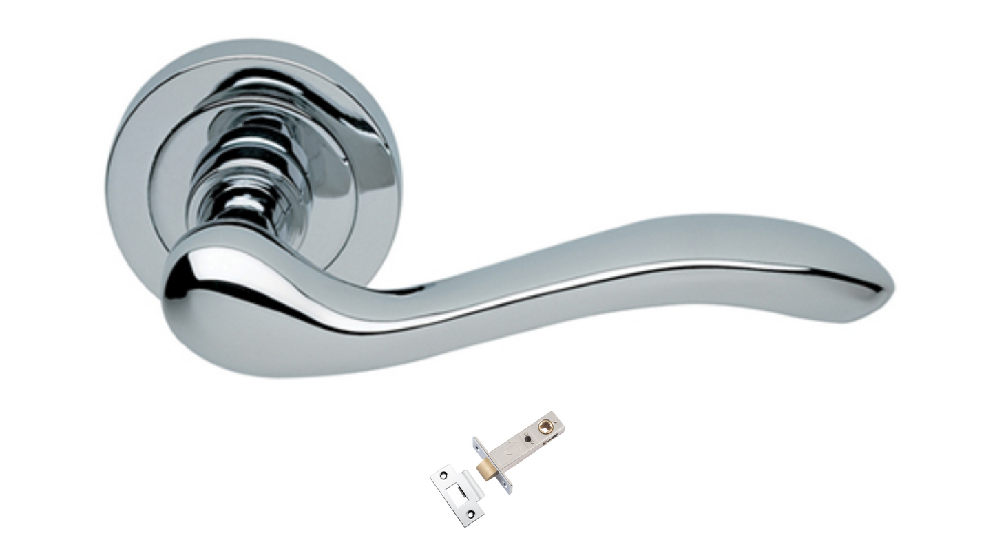 The Erica door handle in polished chrome with a tubular latch underneath on a white background.