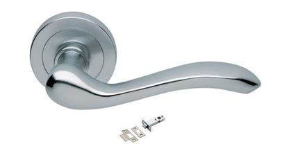 The Erica door handle in satin chrome with a tubular latch underneath on a white background.