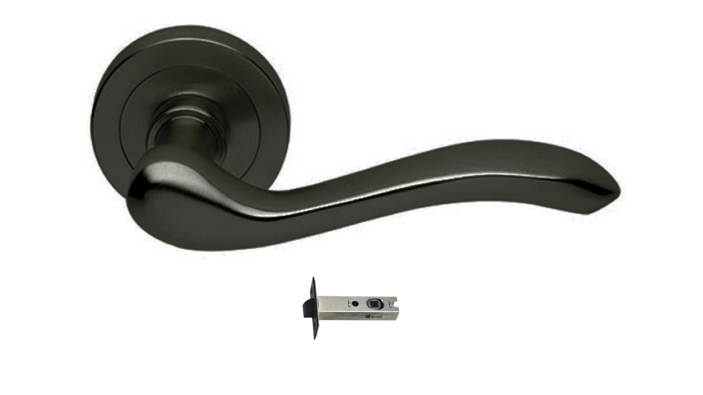 The Erica door handle in Matt Black with a tubular latch underneath on a white background.
