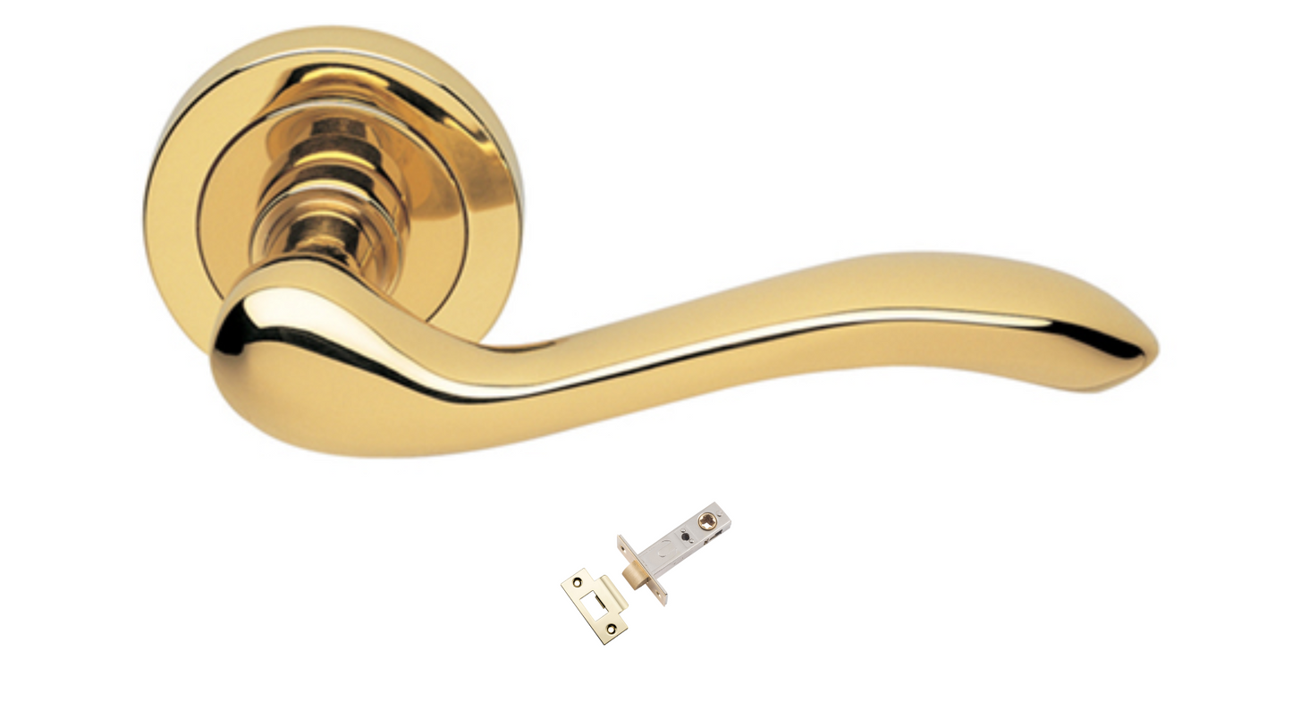The Erica door handle in polished brass with a tubular latch underneath on a white background.