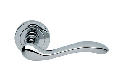 Product image of the Chrome Plate Manital Erica Door Handle Lever Set on Round Rose 50mm on a white background.