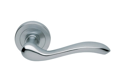 Product image of the Satin Chrome Manital Erica Door Handle Lever Set on Round Rose 50mm on a white background.