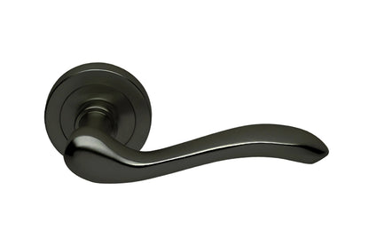 Product image of the Matt Black Manital Erica Door Handle Lever Set on Round Rose 50mm on a white background.