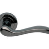 Product image of the Black Chrome Manital Erica Door Handle Lever Set on Round Rose 50mm on a white background.