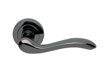 Product image of the Black Chrome Manital Erica Door Handle Lever Set on Round Rose 50mm on a white background.