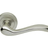 Product image of the Satin Nickel Manital Erica Door Handle Lever Set on Round Rose 50mm on a white background.