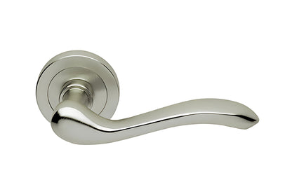 Product image of the Satin Nickel Manital Erica Door Handle Lever Set on Round Rose 50mm on a white background.