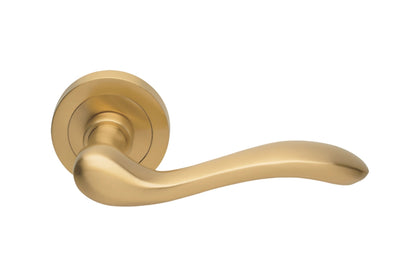 Product image of the Satin Brass Manital Erica Door Handle Lever Set on Round Rose 50mm on a white background.