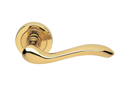 Product image of the Polished Brass Manital Erica Door Handle Lever Set on Round Rose 50mm on a white background.