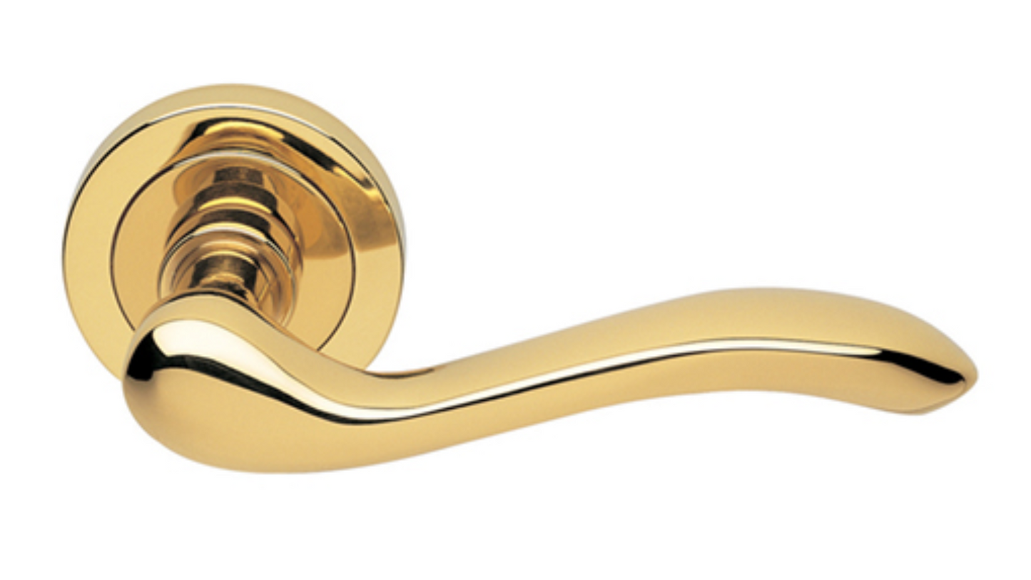 The Erica door handle in polished brass on a white background.
