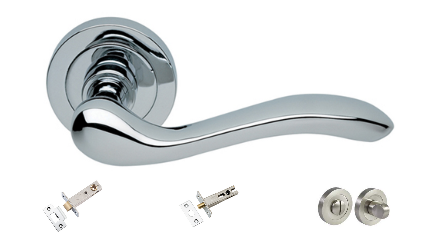 The Erica door handle in polished chrome chrome with a tubular latch, privacy bolt and privacy turn kit underneath on a white background.
