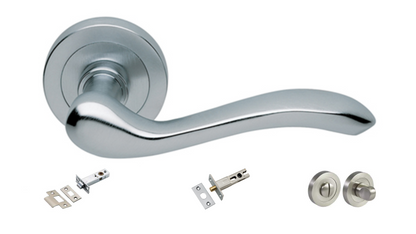 The Erica door handle in satin chrome with a tubular latch, privacy bolt and privacy turn kit underneath on a white background.