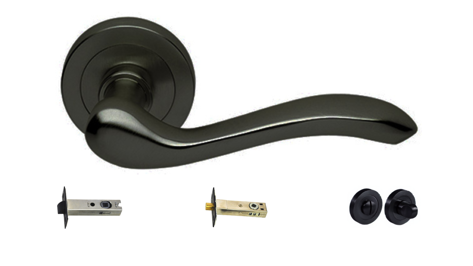 The Erica door handle in Matt Black with a tubular latch, privacy bolt and privacy turn kit underneath on a white background.