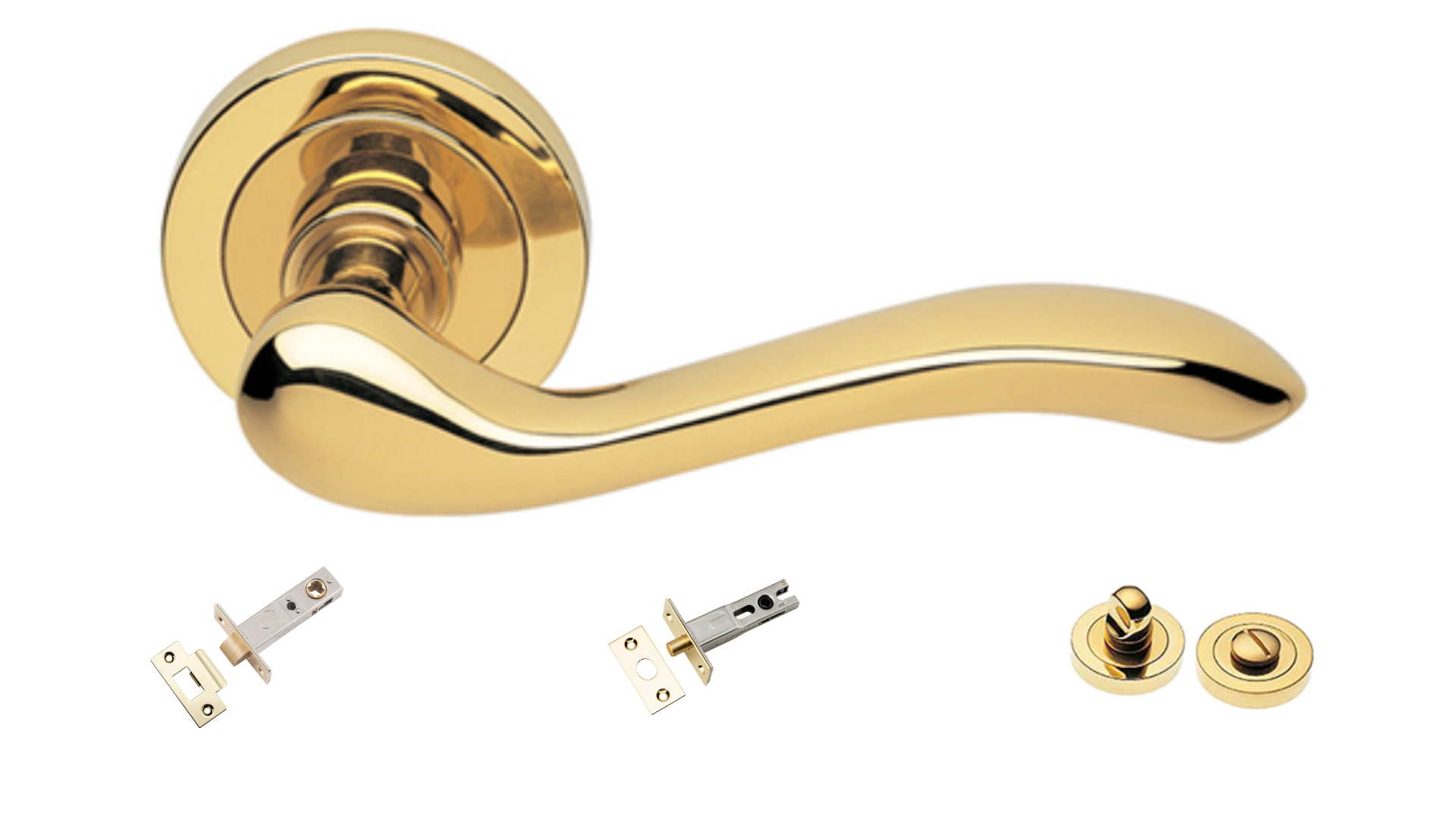 The Erica door handle in polished brass with a tubular latch, privacy bolt and privacy turn kit underneath on a white background.