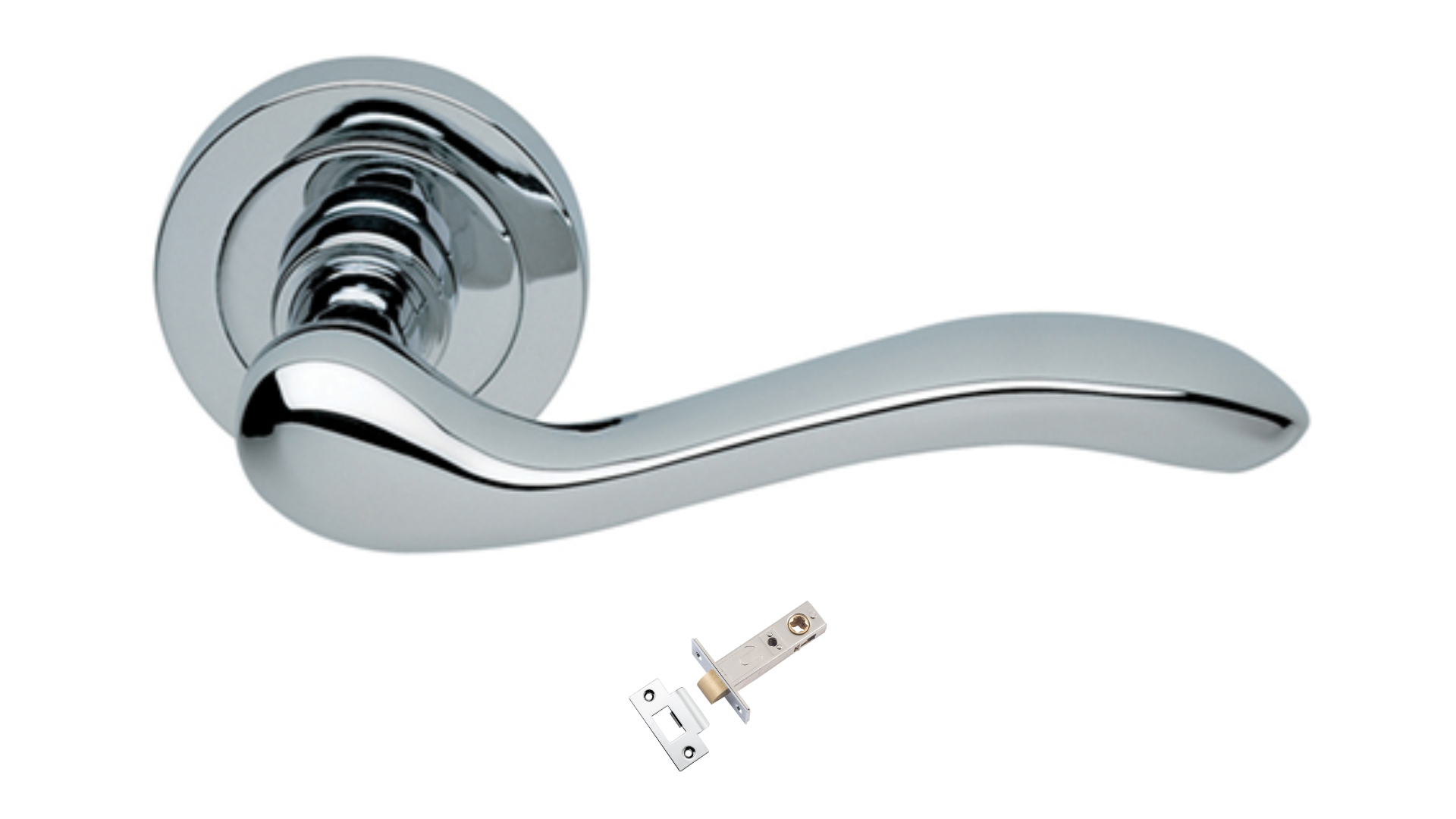 The Erica door handle in polished chrome with a privacy latch underneath on a white background.