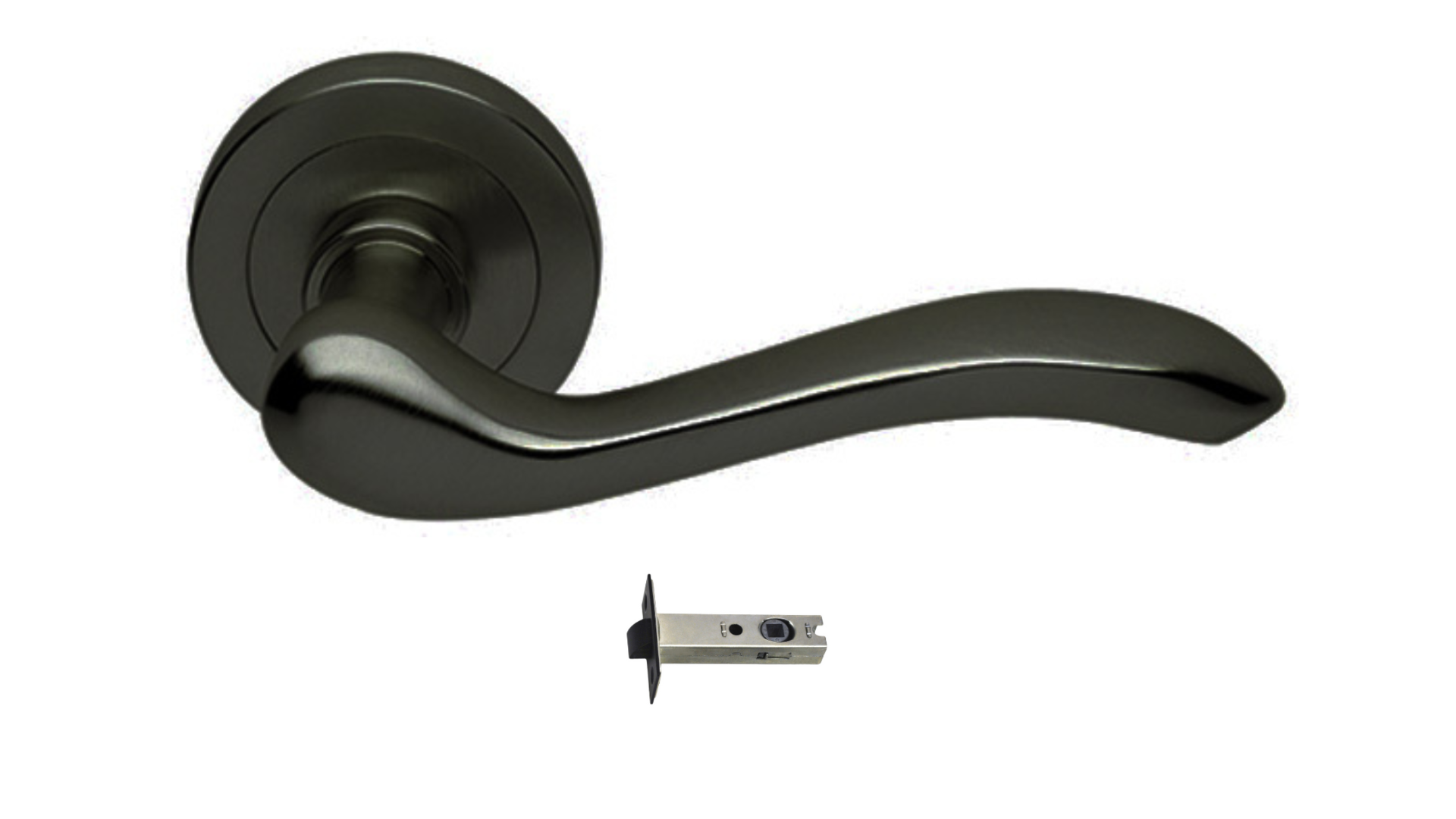 The Erica door handle in Matt Black with a privacy latch underneath on a white background.
