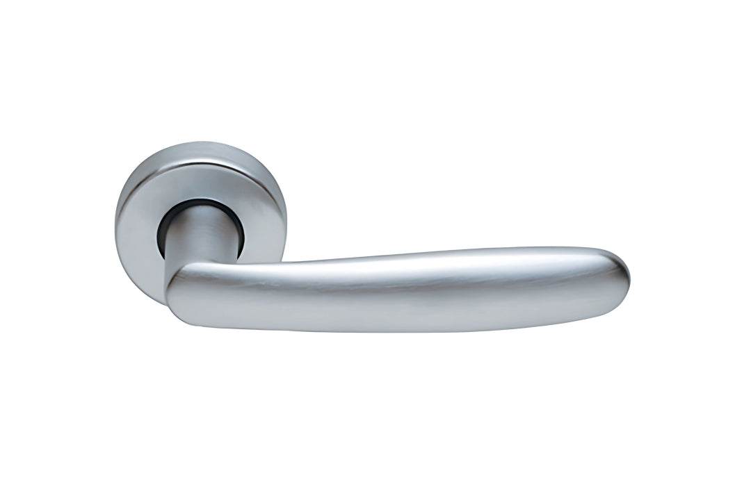 Image of the Satin Chrome Manital Imola Door Handle Lever on Round Rose.