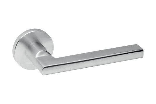 Product image of the Urban stainless steel door handle on a white background.