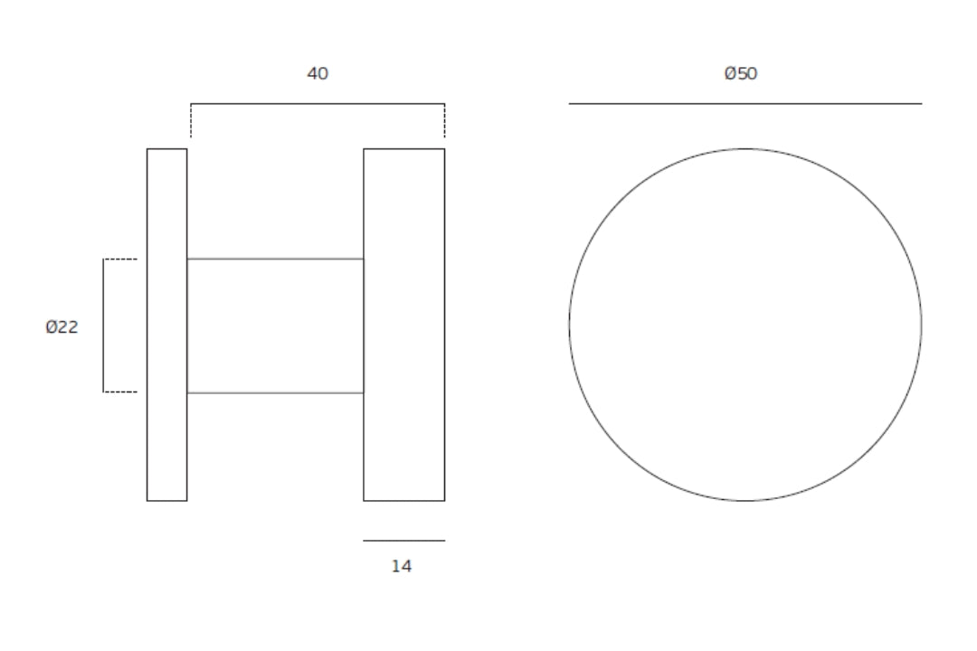 Specification drawing with measurements of the IN.00.092.G.TB Metro Matt Black Mortice Door Knob 50mm Pair on a white background.