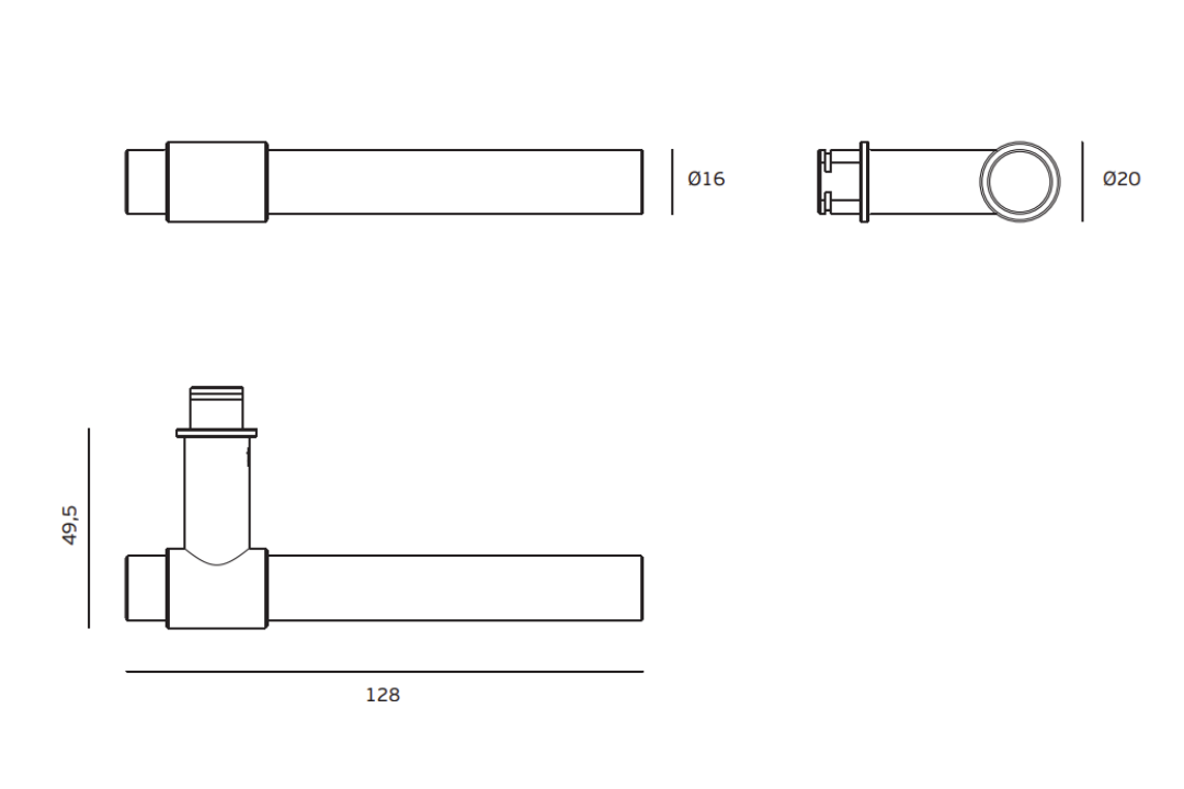 Designer specification drawing with measurements of the JNF Brooklyn Titanium Gold 16mm Door Handle Pair IN.00.145.16.TG.