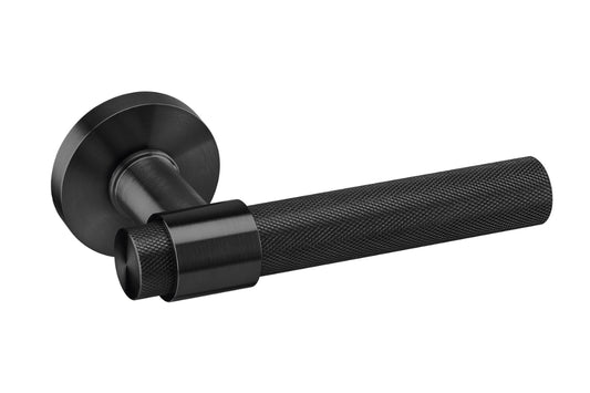 Product image of the IN.00.145.KN.TB Monaco Matt Black Door Handle finished in PVD and distributed by Architectural Choice on a white background.