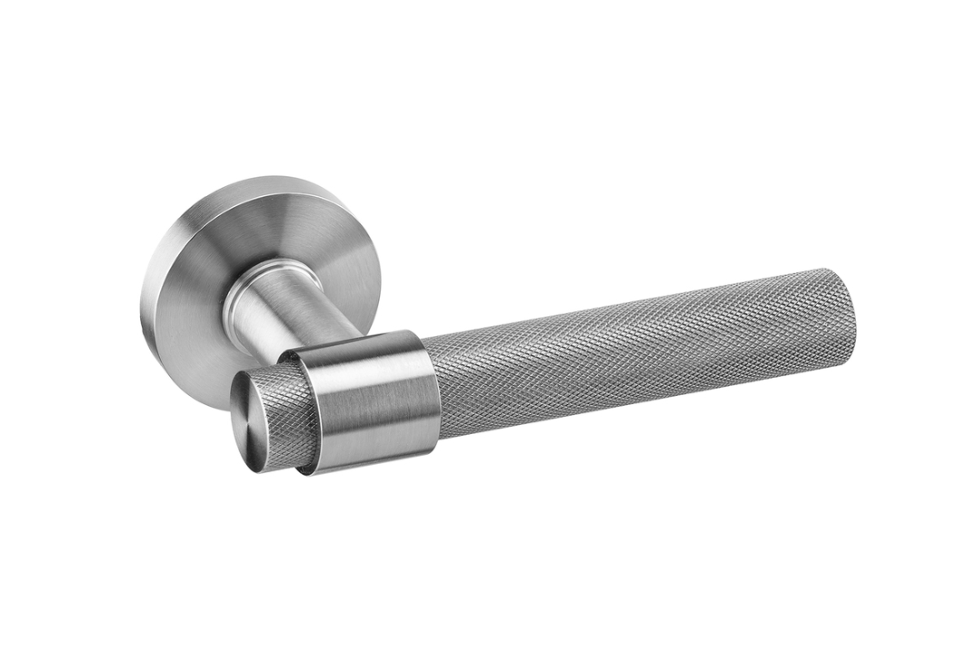 Product image of the Monaco JNF Satin Stainless Steel Knurled Door Handle on a white background.