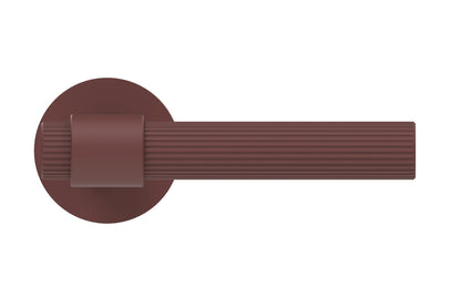Front view of the Aged Red lever handle by JNF on a white background.