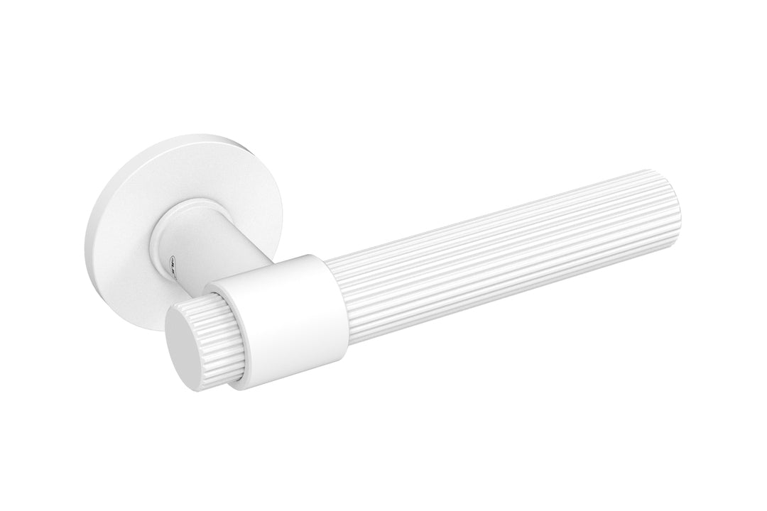 White door handle with a textured grip on a white background