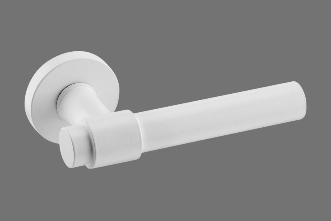 Product image of the IN.00.145.W Brooklyn White Door Handle Set on a grey background.