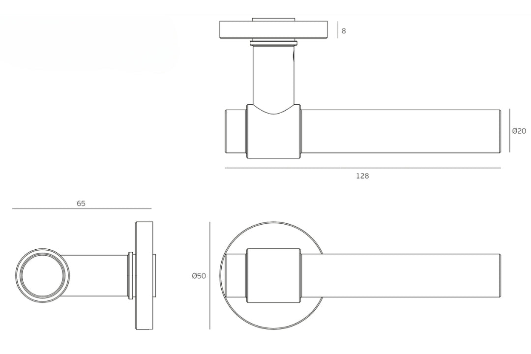 Black architectural specification drawing of the IN.00.145.W Brooklyn White Door Handle on a white background.