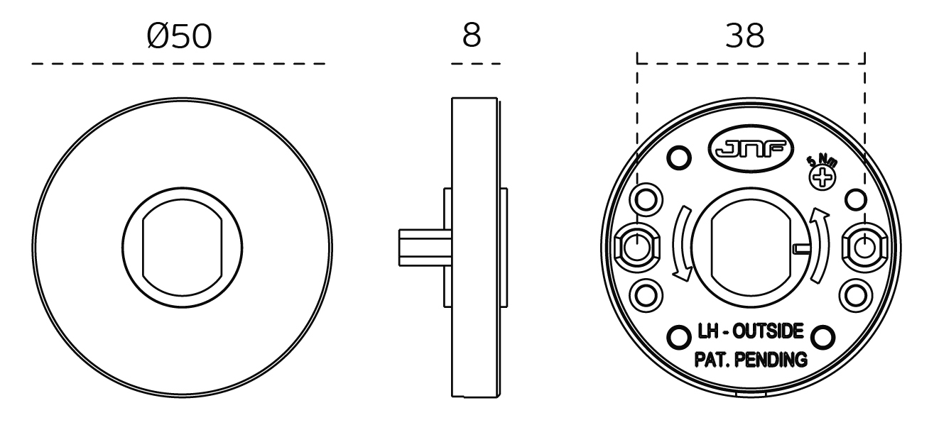Black line drawing of the Round Rosette of the Brooklyn Satin Stainless Steel Door Handles by Architectural Choice on a white background.