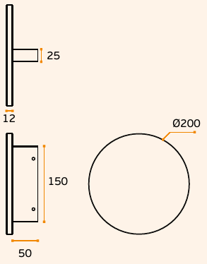 Black specification line drawing with measurements of the Brushed Stainless Full Moon Pull Handle on a peach coloured background.