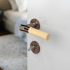 JNF Wood Nature IN.00.381.BB.TCO Bamboo Titanium Chocolate lever handle on a white door with a blurred background.