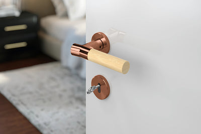 JNF Wood Nature IN.00.381.BB.TCO Bamboo Titanium Copper lever handle on a white door with a blurred background.