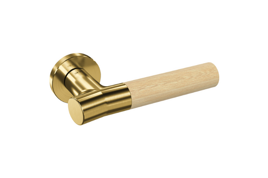 Product picture of the Wood Nature Satin Brass Bamboo Door Handle on a white background.