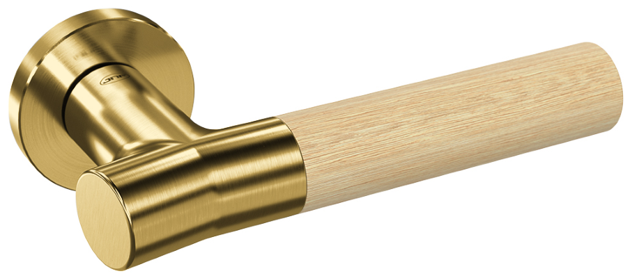 Up close product picture of the Wood Nature Satin Brass Bamboo Door Handle on a white background.