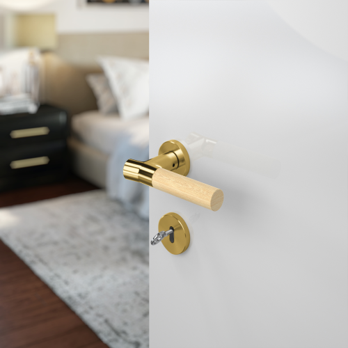 Insitu photo of the Wood Nature Satin Brass Bamboo Door Handle on a white door with a bedroom blurred out in the background.