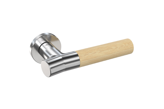 Product picture of the Wood Nature Brushed Chrome Bamboo Door Handle on a white background.