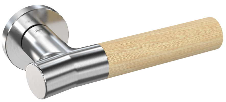 Up close product picture of the Wood Nature Brushed Chrome Bamboo Door Handle on a white background.