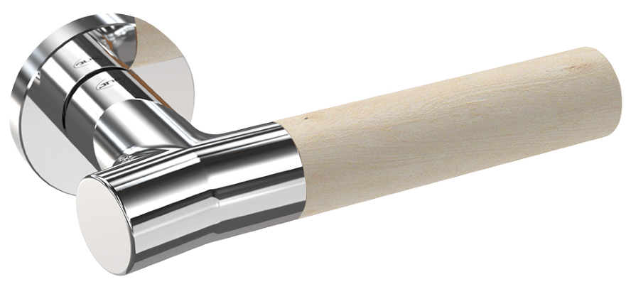 Up close product picture of the Wood Nature Polished Birch Door Handle on a white background.