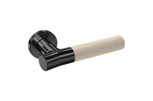 Product picture of the Wood Nature Matt Black Birch Door Handle on a white background.