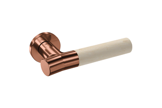 Product picture of the Wood Nature Titanium Copper Birch Door Handle on a white background.