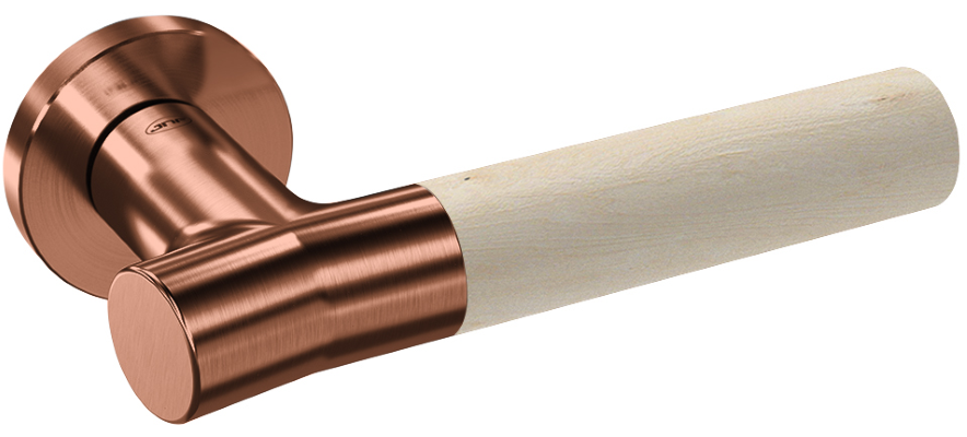 Up close product picture of the Wood Nature Titanium Copper Birch Door Handle on a white background.
