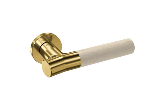 Product picture of the Wood Nature Satin Brass Birch Door Handle on a white background.