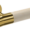Up close product picture of the Wood Nature Satin Brass Birch Door Handle on a white background.