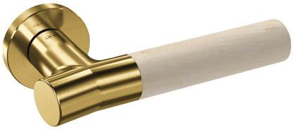 Up close product picture of the Wood Nature Satin Brass Birch Door Handle on a white background.